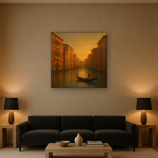 Venetian Canal Palaces at Golden Hour No. 8 Oil Painting Staged Above Sectional Sofa in Living Room, Hand Painted Canvas Wall Art for Home Decor