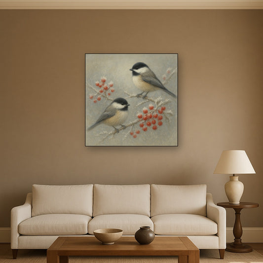Winter Birds on Frosty Red Berry Branch No. 9 Oil Painting Staged Above Sectional Sofa in Living Room, Hand Painted Canvas Wall Art for Home Decor