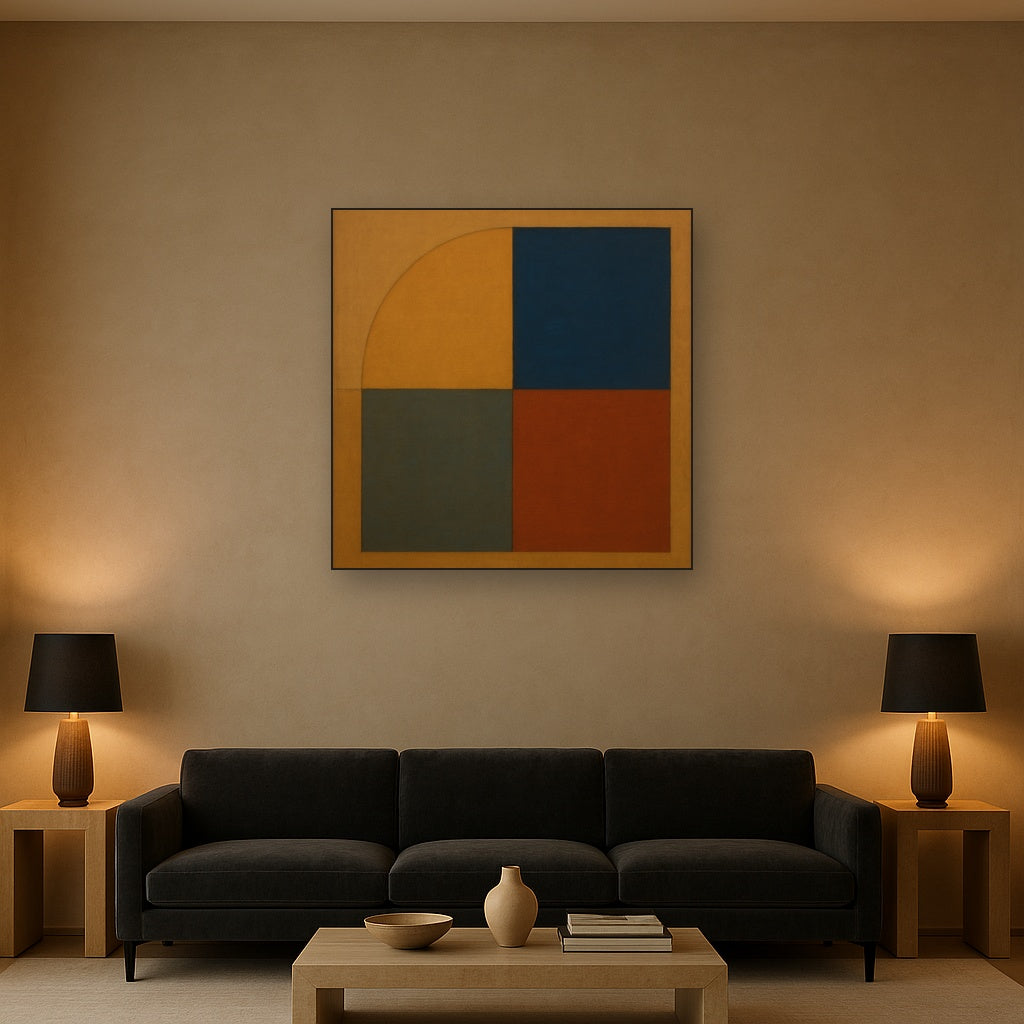 Bauhaus Quadrant Harmony in Primary Earth Tones No. 15 Oil Painting Staged Above Sectional Sofa in Living Room, Hand Painted Canvas Wall Art for Home Decor
