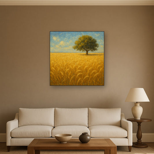 Sun-Drenched Wheat Field & Solitary Tree No. 5 Oil Painting - Styled in Modern Living Room