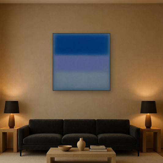 Cobalt Azure & Twilight Lavender Immersion No. 8 Oil Painting Staged Above Sectional Sofa in Living Room, Hand Painted Canvas Wall Art for Home Decor