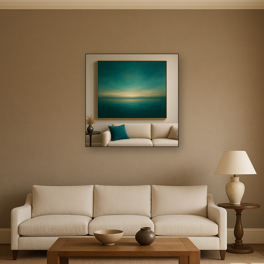 Peacock Teal & Champagne Gold Horizon No. 11 Oil Painting Staged Above Sectional Sofa in Living Room, Hand Painted Canvas Wall Art for Home Decor