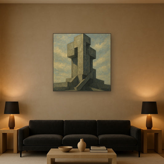 Brutalist Concrete Monolith & Sky Oil Painting - Styled in Modern Living Room