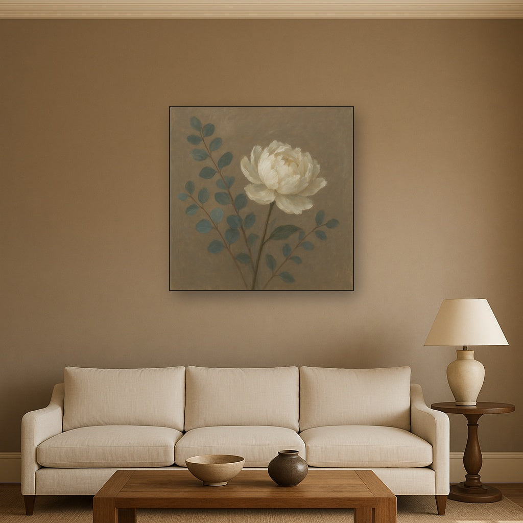 Eucalyptus & White Peony Minimalist Flora No. 15 Fine Art Oil Painting - View 2