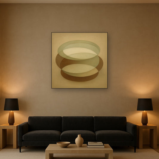 Floating Ellipse Harmony in Walnut & Pale Sage No. 17 Oil Painting Staged Above Sectional Sofa in Living Room, Hand Painted Canvas Wall Art for Home Decor