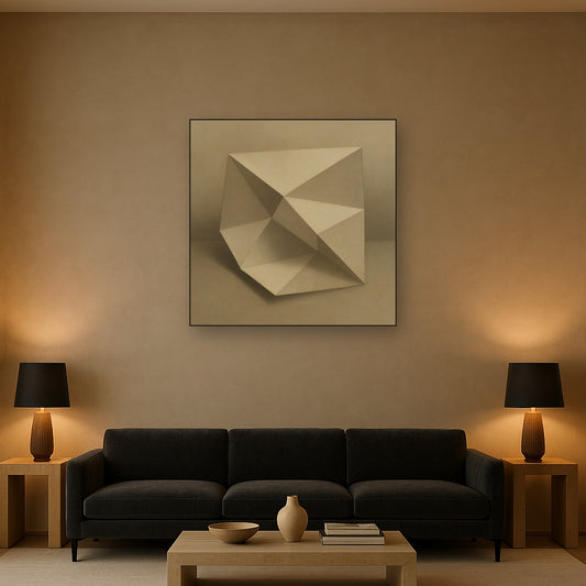 Folded Paper Geometry in Neutral Gradient Shadows Oil Painting Staged Above Sectional Sofa in Living Room, Hand Painted Canvas Wall Art for Home Decor