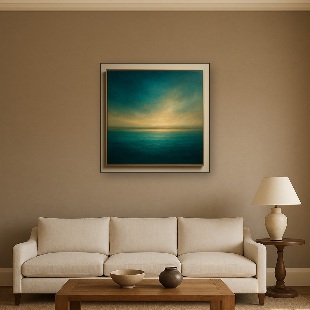 Peacock Teal & Champagne Gold Horizon No. 7 Oil Painting - View 2