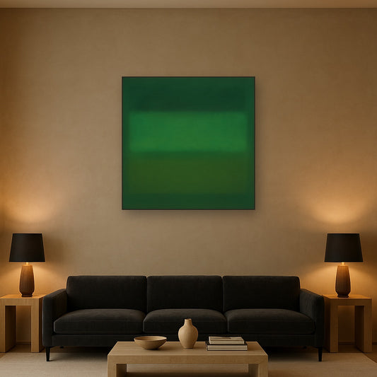 Forest Emerald & Deep Moss Contemplative Field No. 20 Oil Painting Staged Above Sectional Sofa in Living Room, Hand Painted Canvas Wall Art for Home Decor
