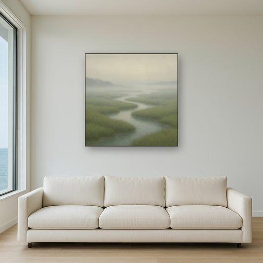 Morning Fog over Cape Cod Tidal Marsh No. 14 Oil Painting Staged Above Sectional Sofa in Living Room, Hand Painted Canvas Wall Art for Home Decor