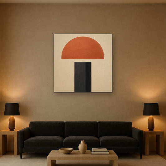 Semicircle Horizon & Minimalist Pillar No. 15 Oil Painting Staged Above Sectional Sofa in Living Room, Hand Painted Canvas Wall Art for Home Decor