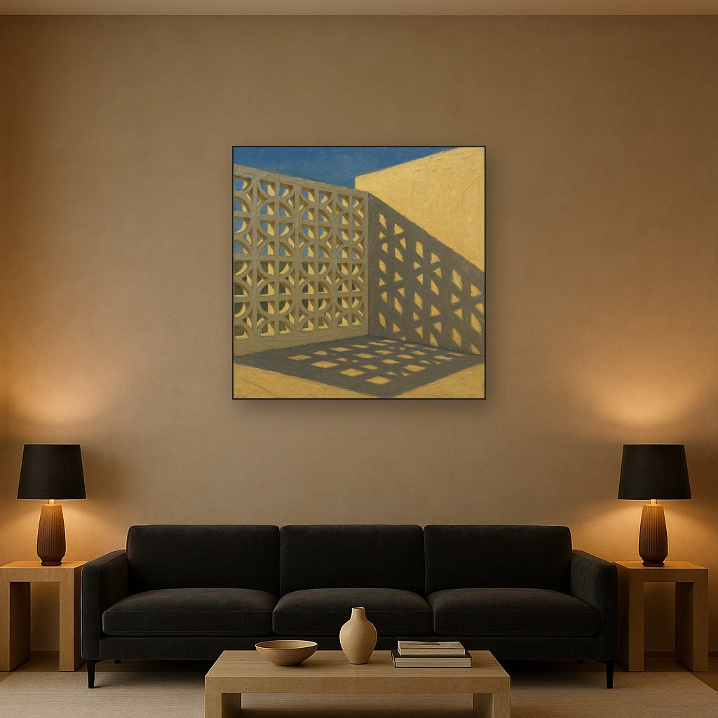 Desert Modern Breeze Block Shadow No. 3 Oil Painting - Styled in Modern Living Room