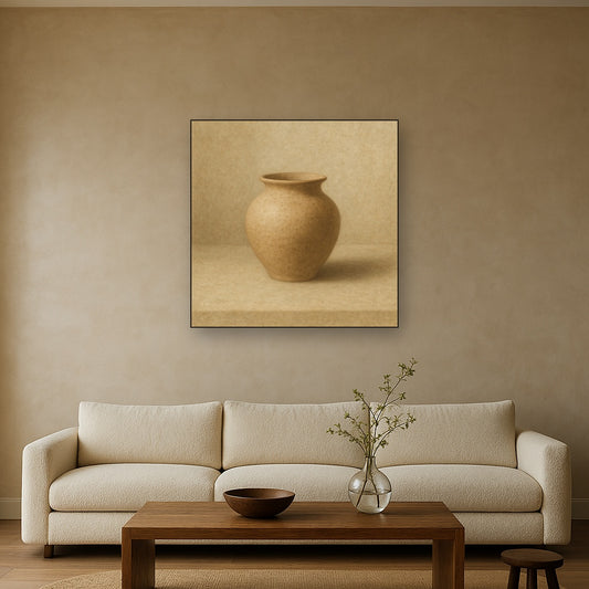 Organic Clay Vessel & Solitary Shadow No. 14 Oil Painting Staged Above Sectional Sofa in Living Room, Hand Painted Canvas Wall Art for Home Decor