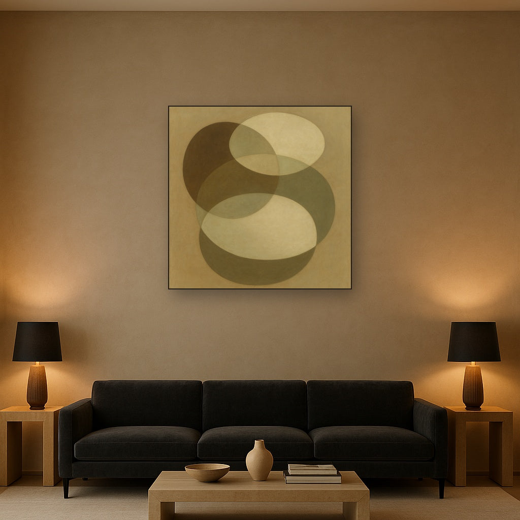 Floating Ellipse Harmony in Walnut & Pale Sage No. 14 Oil Painting - View 2