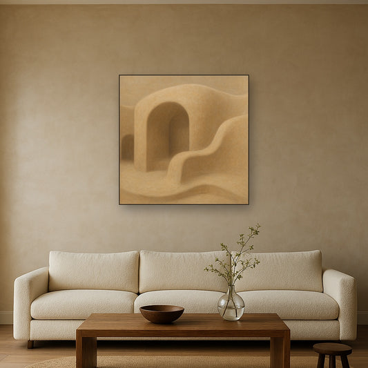 Soft Architectural Curve in Desert Bone No. 20 Oil Painting Staged Above Sectional Sofa in Living Room, Hand Painted Canvas Wall Art for Home Decor