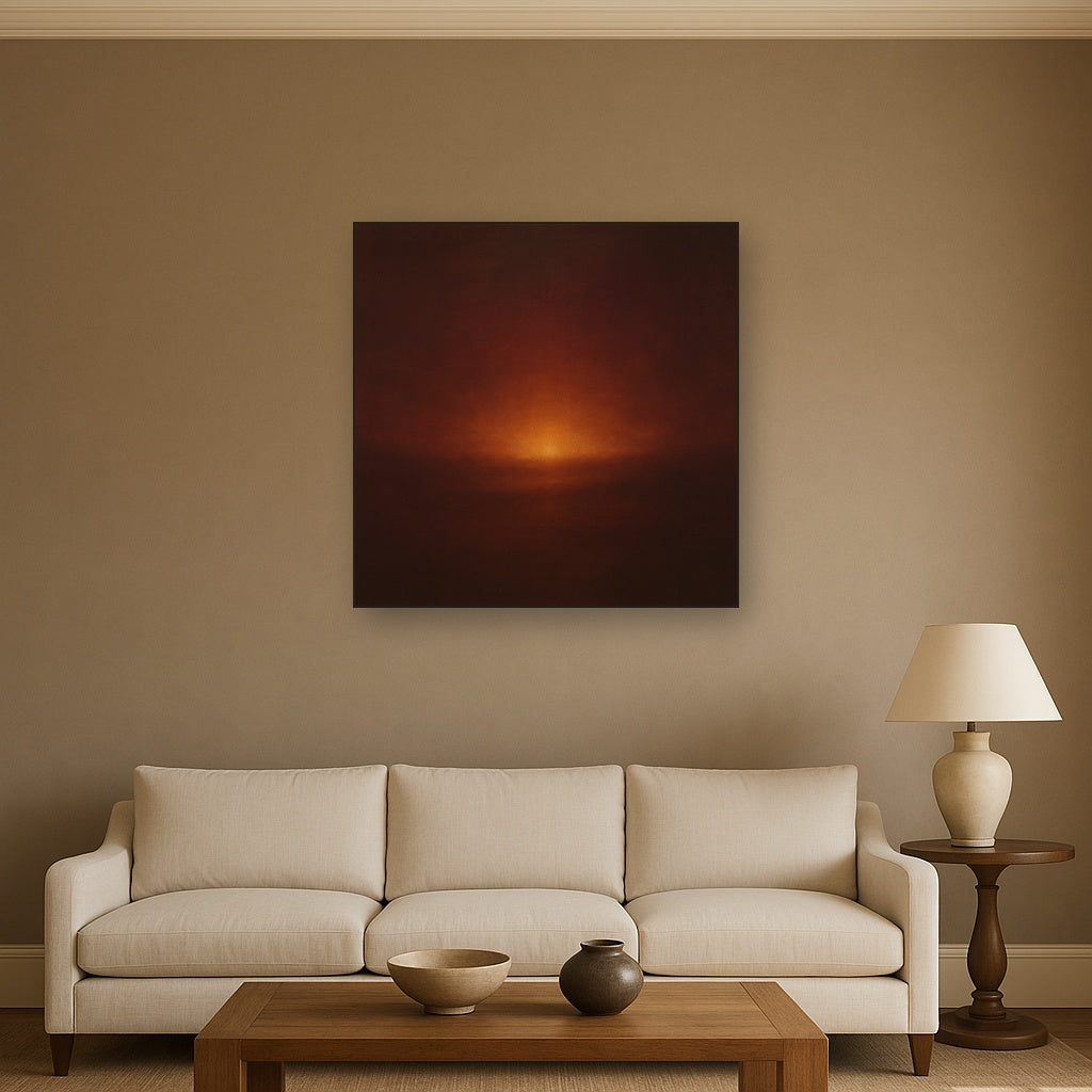 Deep Garnet & Amber Candlelight Horizon No. 20 Oil Painting Staged Above Sectional Sofa in Living Room, Hand Painted Canvas Wall Art for Home Decor