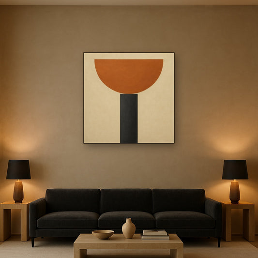 Semicircle Horizon & Minimalist Pillar No. 4 Oil Painting Staged Above Sectional Sofa in Living Room, Hand Painted Canvas Wall Art for Home Decor