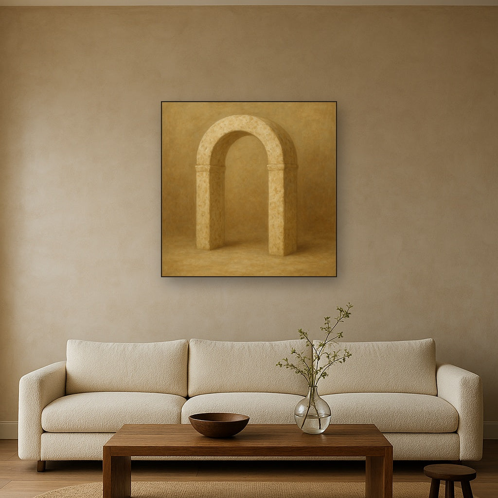 Travertine Stone Arch & Earth Tones No. 14 Oil Painting Staged Above Sectional Sofa in Living Room, Hand Painted Canvas Wall Art for Home Decor