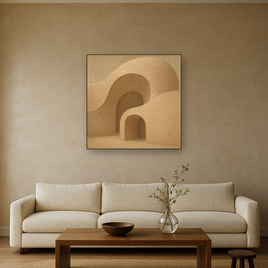 Soft Architectural Curve in Desert Bone No. 30 Oil Painting Staged Above Sectional Sofa in Living Room, Hand Painted Canvas Wall Art for Home Decor