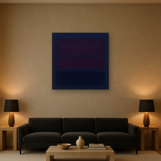 Deep Indigo & Midnight Plum Ambient Field No. 27 Oil Painting Staged Above Sectional Sofa in Living Room, Hand Painted Canvas Wall Art for Home Decor