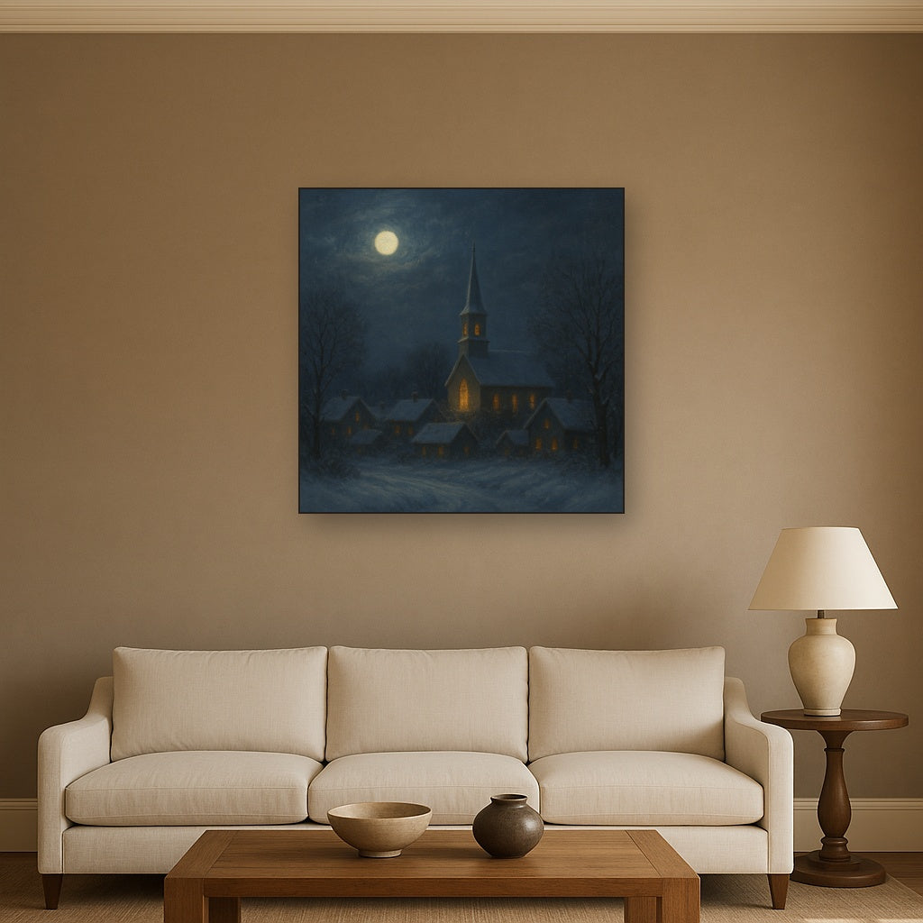 Moonlight Over Snowy Village Steeple No. 5 Oil Painting - View 2
