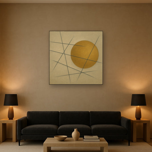 Abstract Tangent Lines & Earthy Ochre Disc Oil Painting Staged Above Sectional Sofa in Living Room, Hand Painted Canvas Wall Art for Home Decor