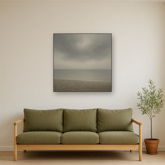 Overcast Coastal Fog & Wet Pebble Shingle No. 17 Oil Painting Staged Above Sectional Sofa in Living Room, Hand Painted Canvas Wall Art for Home Decor
