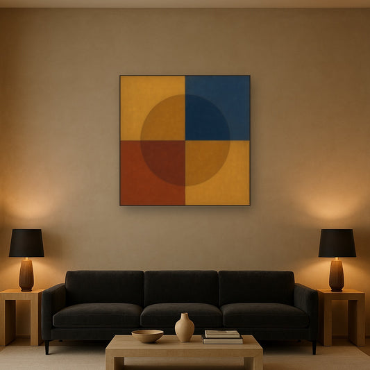 Bauhaus Quadrant Harmony in Primary Earth Tones No. 5 Oil Painting Staged Above Sectional Sofa in Living Room, Hand Painted Canvas Wall Art for Home Decor
