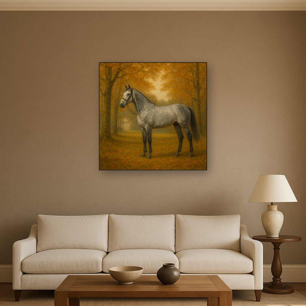 Dappled Grey Hunter in Autumn Woodland Oil Painting - View 2