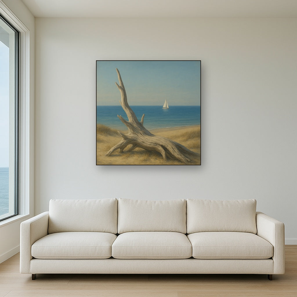 Sun-Bleached Driftwood & Distant Sailboat No. 9 Oil Painting Staged Above Sectional Sofa in Living Room, Hand Painted Canvas Wall Art for Home Decor