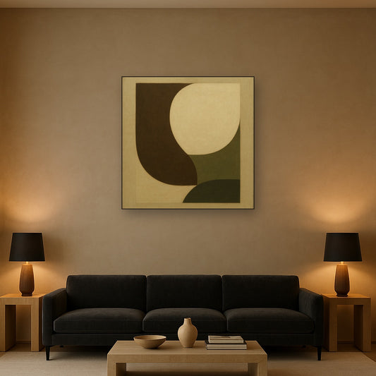 Minimalist Asymmetrical Balance in Raw Umber No. 15 Oil Painting Staged Above Sectional Sofa in Living Room, Hand Painted Canvas Wall Art for Home Decor