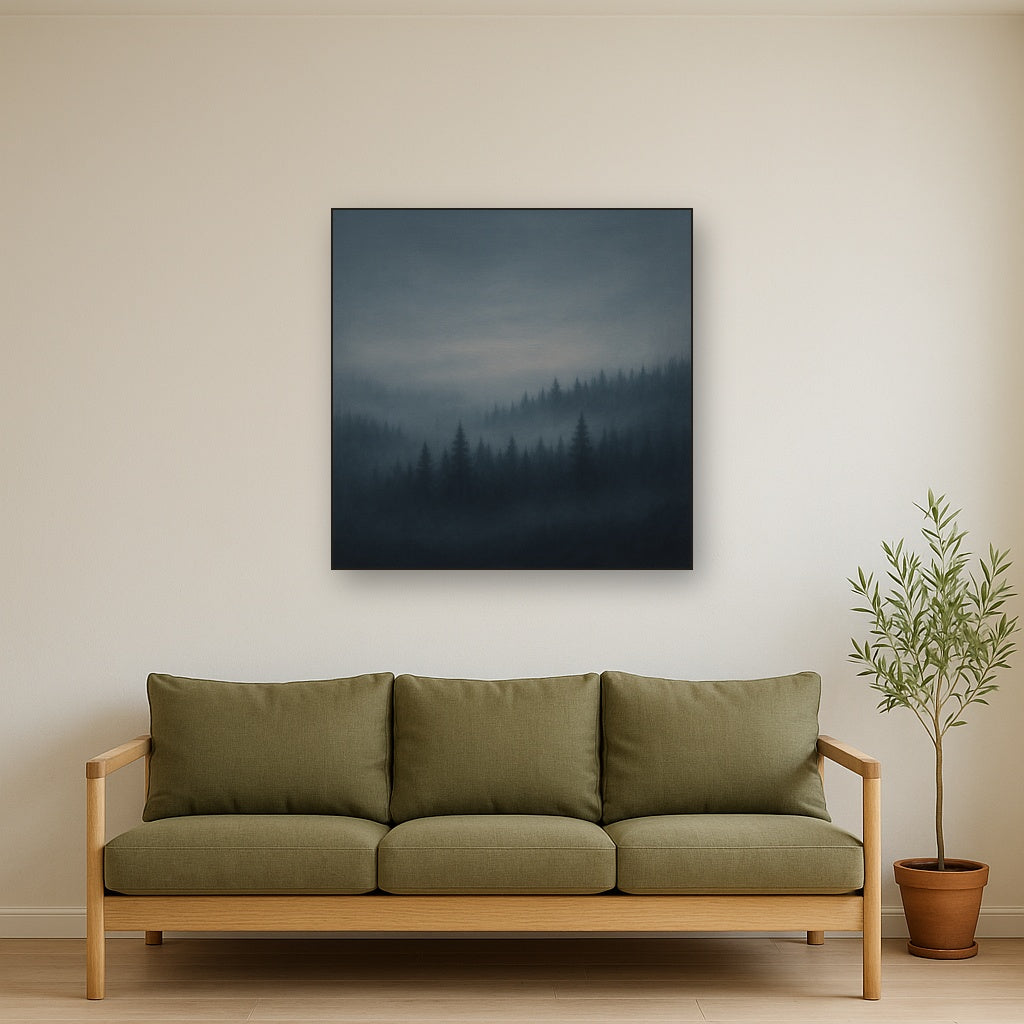 Dusk over Silent Pine Ridgeline in Charcoal Fog No. 20 Oil Painting Staged Above Sectional Sofa in Living Room, Hand Painted Canvas Wall Art for Home Decor