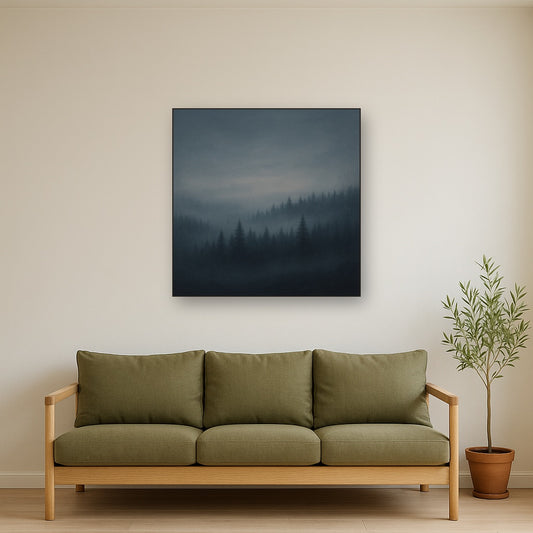 Dusk over Silent Pine Ridgeline in Charcoal Fog No. 20 Oil Painting Staged Above Sectional Sofa in Living Room, Hand Painted Canvas Wall Art for Home Decor