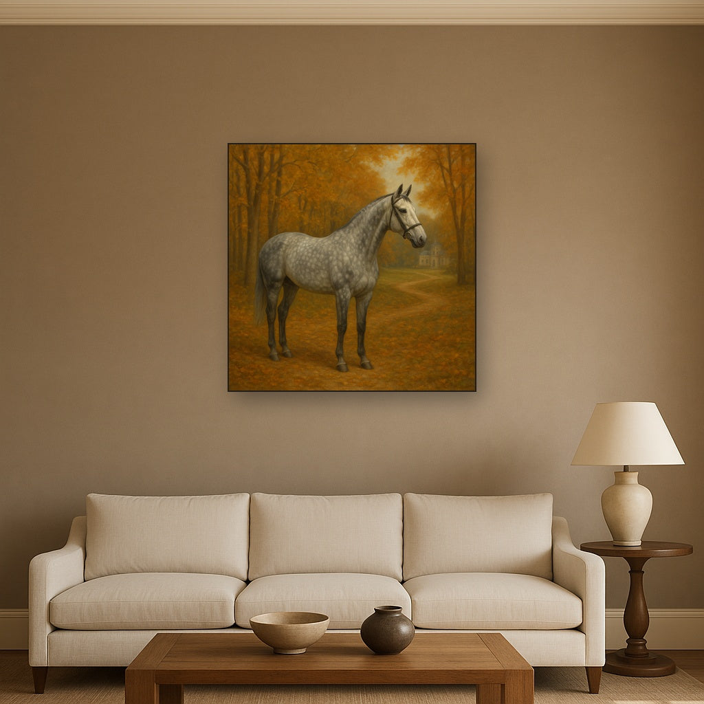 Dappled Grey Hunter in Autumn Woodland No. 15 Oil Painting Staged Above Sectional Sofa in Living Room, Hand Painted Canvas Wall Art for Home Decor