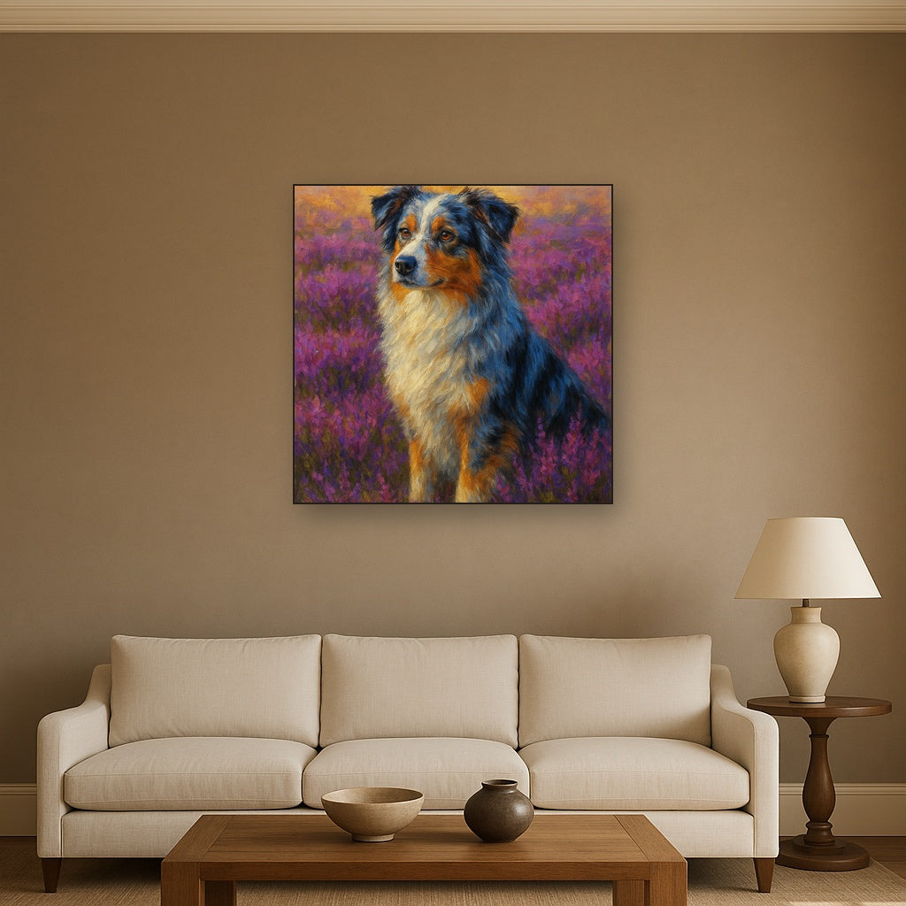 Australian Shepherd in Blooming Heather Field No. 6 Fine Art Oil Painting - View 2
