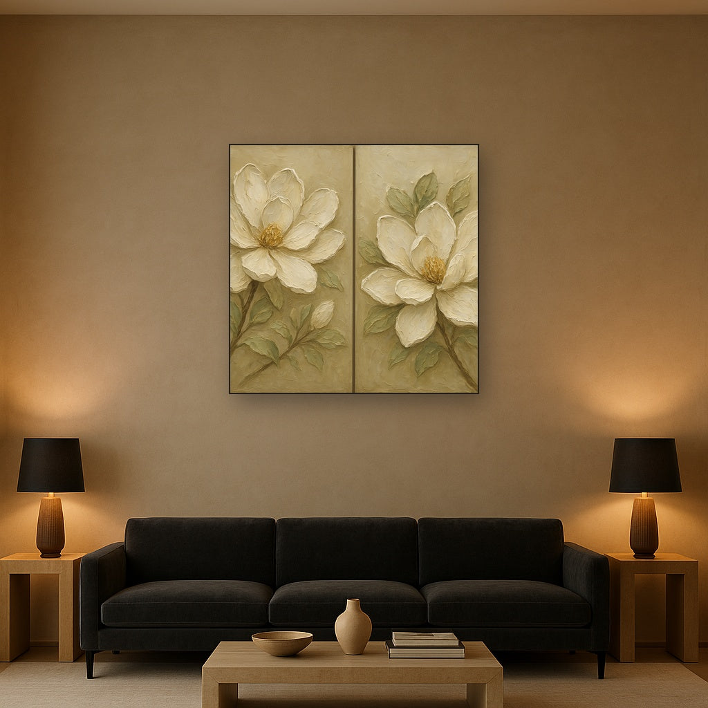 Sculptural Magnolia Diptych Blooms No. 2 Oil Painting - Styled in Modern Living Room