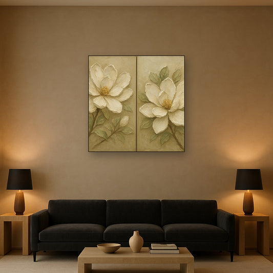 Sculptural Magnolia Diptych Blooms No. 2 Oil Painting - Styled in Modern Living Room
