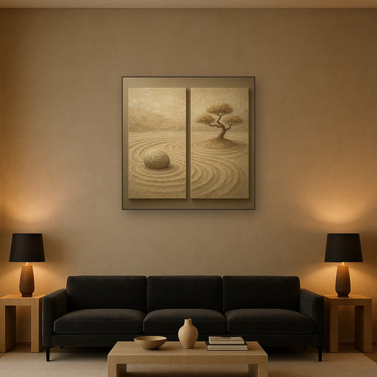 Japandi Zen Garden Diptych No. 2 Oil Painting - Styled in Modern Living Room