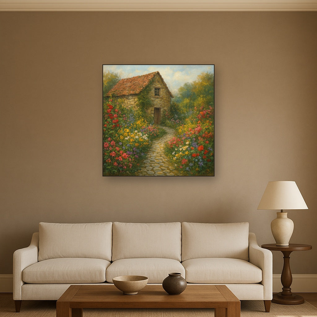 Rustic Stone Cottage Path with Wild Garden Blooms No. 3 Fine Art Oil Painting - View 2