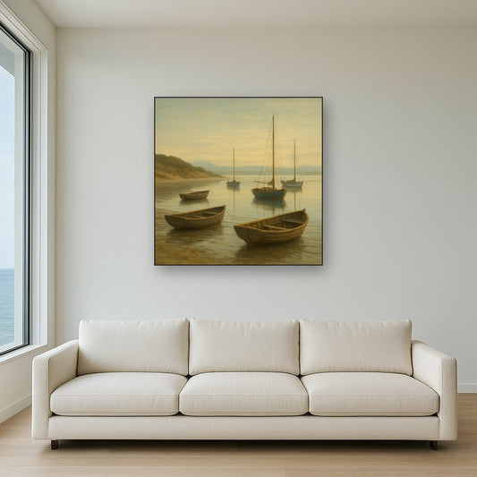 Quiet Fishing Harbor at Morning Low Tide No. 4 Oil Painting - View 2