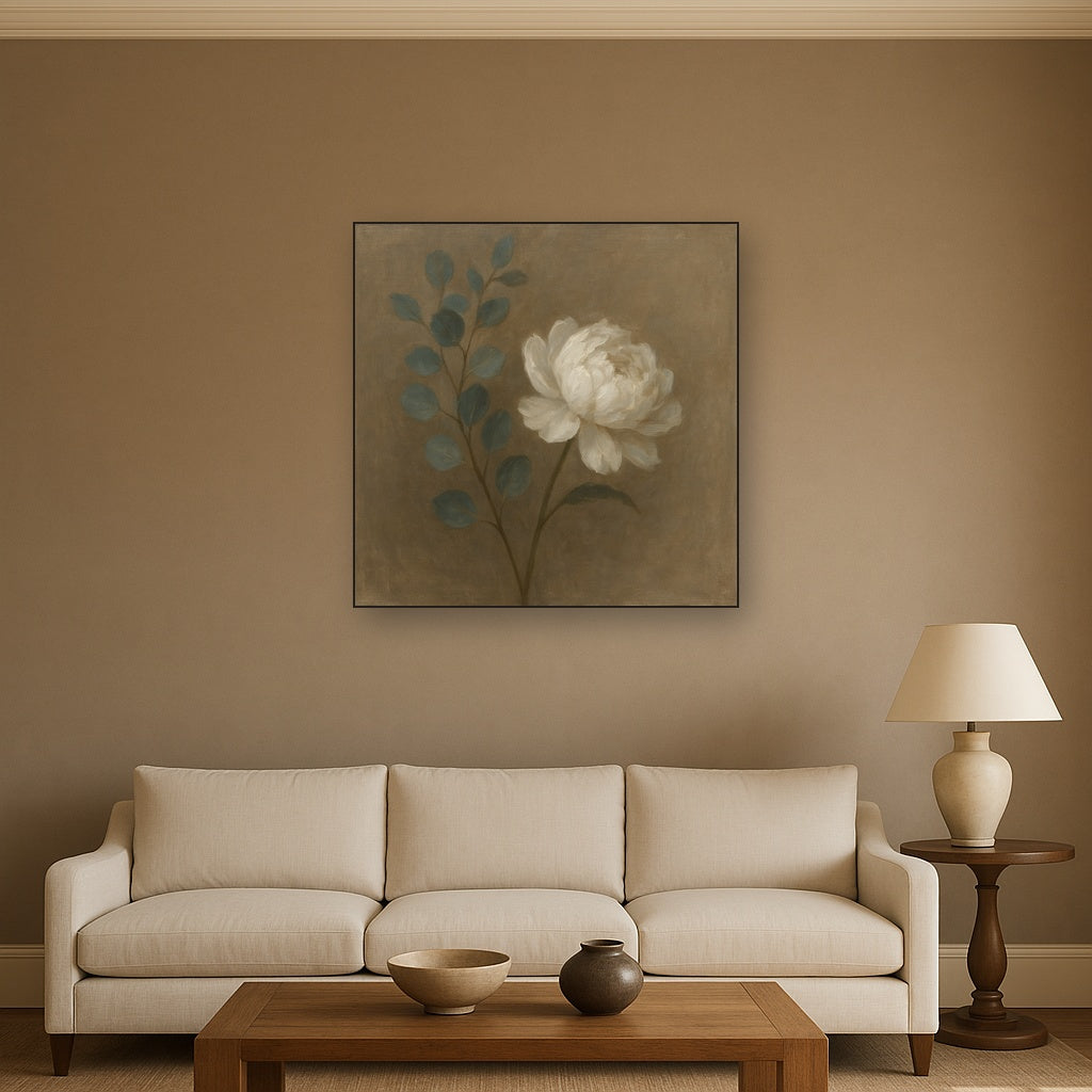 Eucalyptus & White Peony Minimalist Flora No. 2 Fine Art Oil Painting - View 2