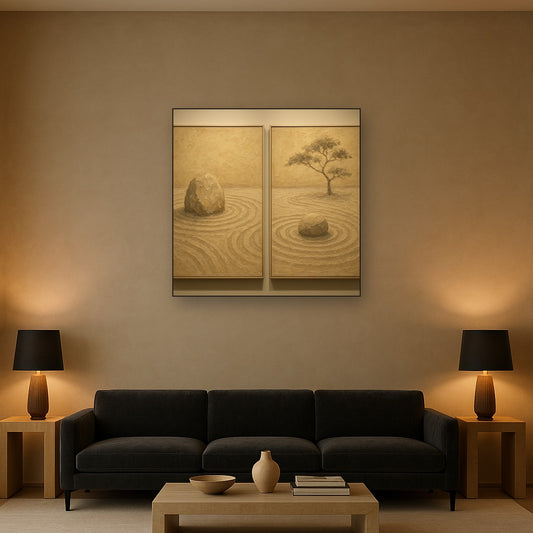 Japandi Zen Garden Diptych No. 3 Oil Painting - Styled in Modern Living Room