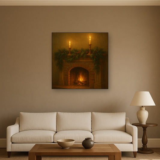 Vintage Fireside Hearth & Cedar Garlands No. 8 Oil Painting Staged Above Sectional Sofa in Living Room, Hand Painted Canvas Wall Art for Home Decor