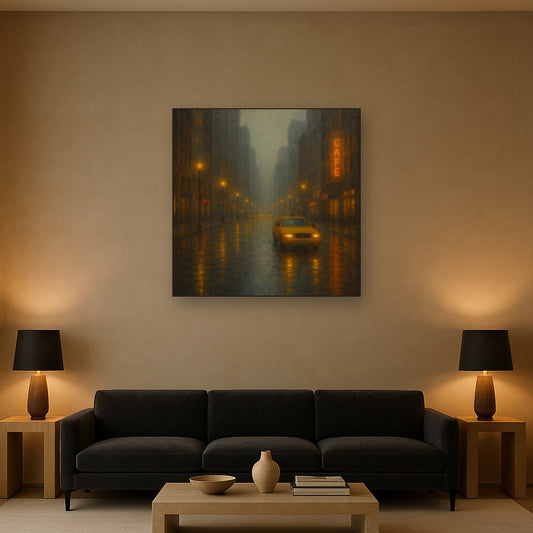 Rain-Drenched Manhattan Avenue Lights No. 5 Oil Painting Staged Above Sectional Sofa in Living Room, Hand Painted Canvas Wall Art for Home Decor