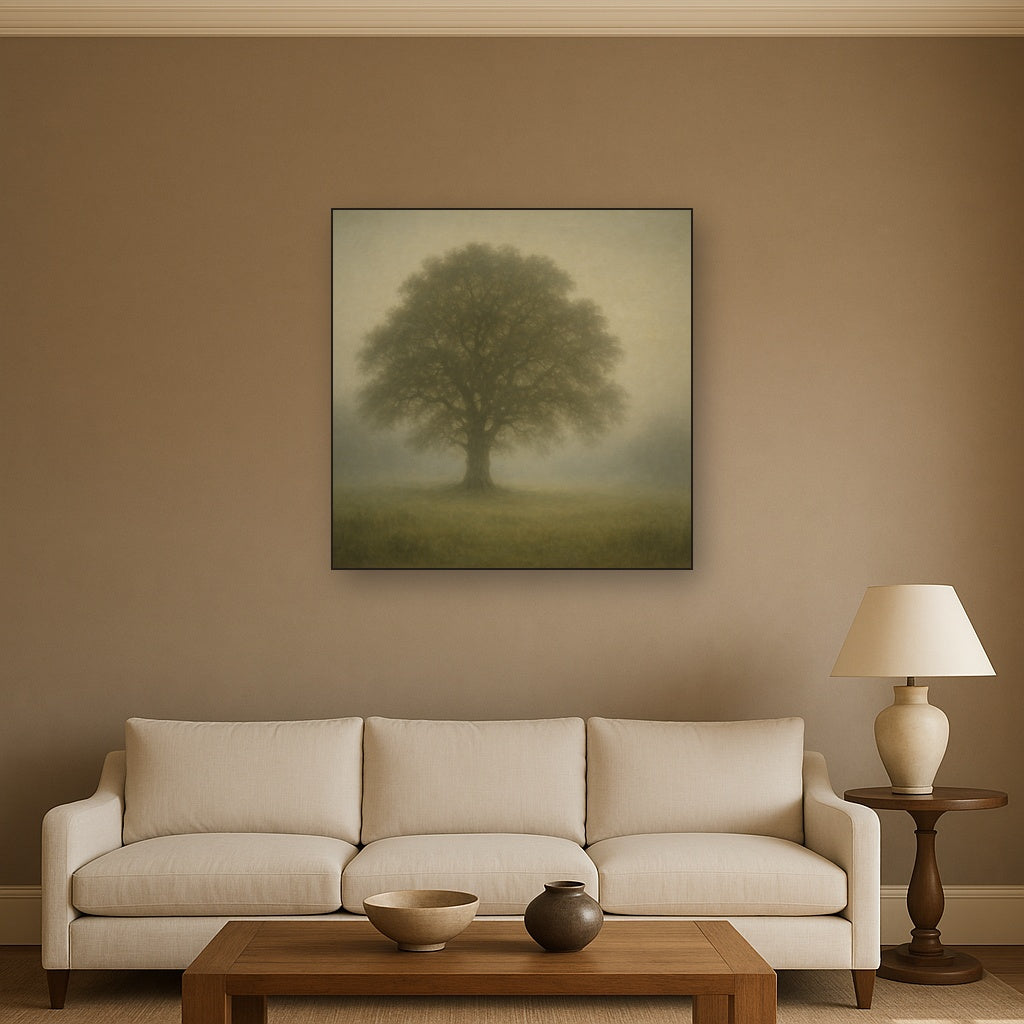 Ancient Solitary Oak in Morning Fog No. 9 Oil Painting - View 2