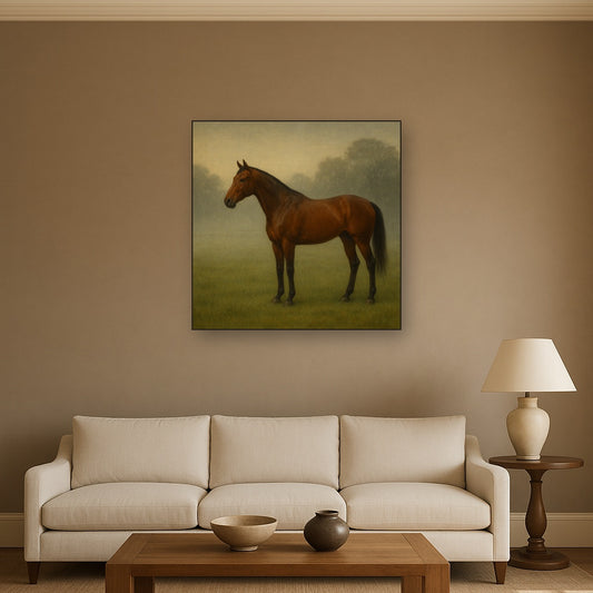 Thoroughbred in Morning Pasture Mist Oil Painting Staged Above Sectional Sofa in Living Room, Hand Painted Canvas Wall Art for Home Decor