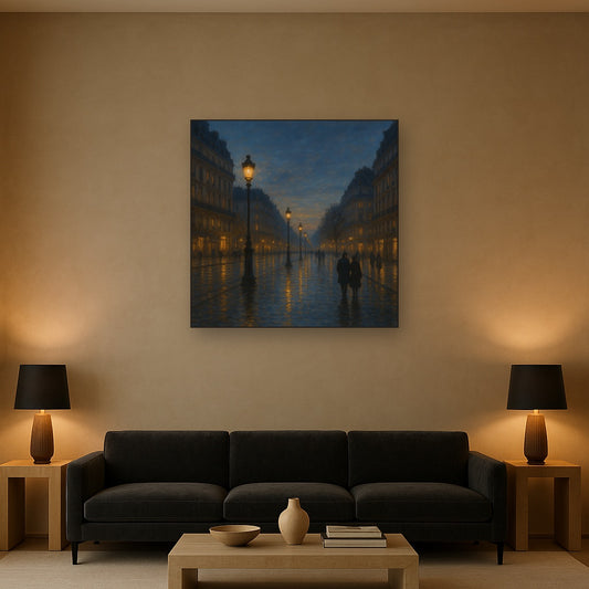 Rainy Parisian Boulevard at Twilight No. 19 Oil Painting Staged Above Sectional Sofa in Living Room, Hand Painted Canvas Wall Art for Home Decor