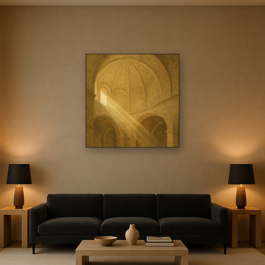 Modernist Vaulted Dome Architectural Oil Painting - Styled in Modern Living Room
