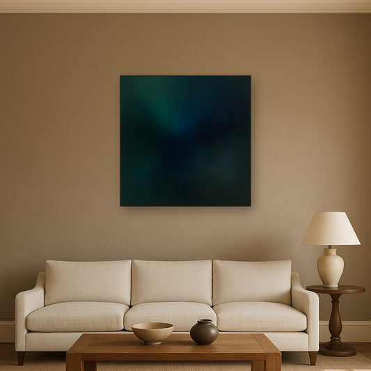 Emerald & Midnight Sapphire Sfumato Immersion No. 3 Oil Painting Staged Above Sectional Sofa in Living Room, Hand Painted Canvas Wall Art for Home Decor