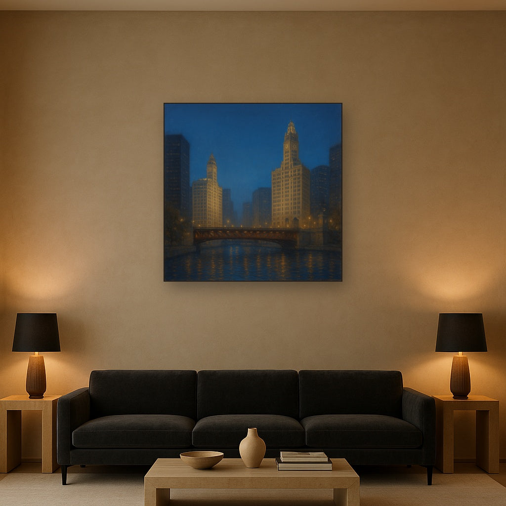 Chicago Riverfront Architecture at Blue Hour No. 16 Oil Painting - View 2