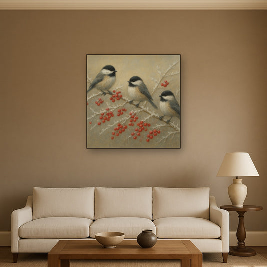 Winter Birds on Frosty Red Berry Branch No. 10 Oil Painting Staged Above Sectional Sofa in Living Room, Hand Painted Canvas Wall Art for Home Decor